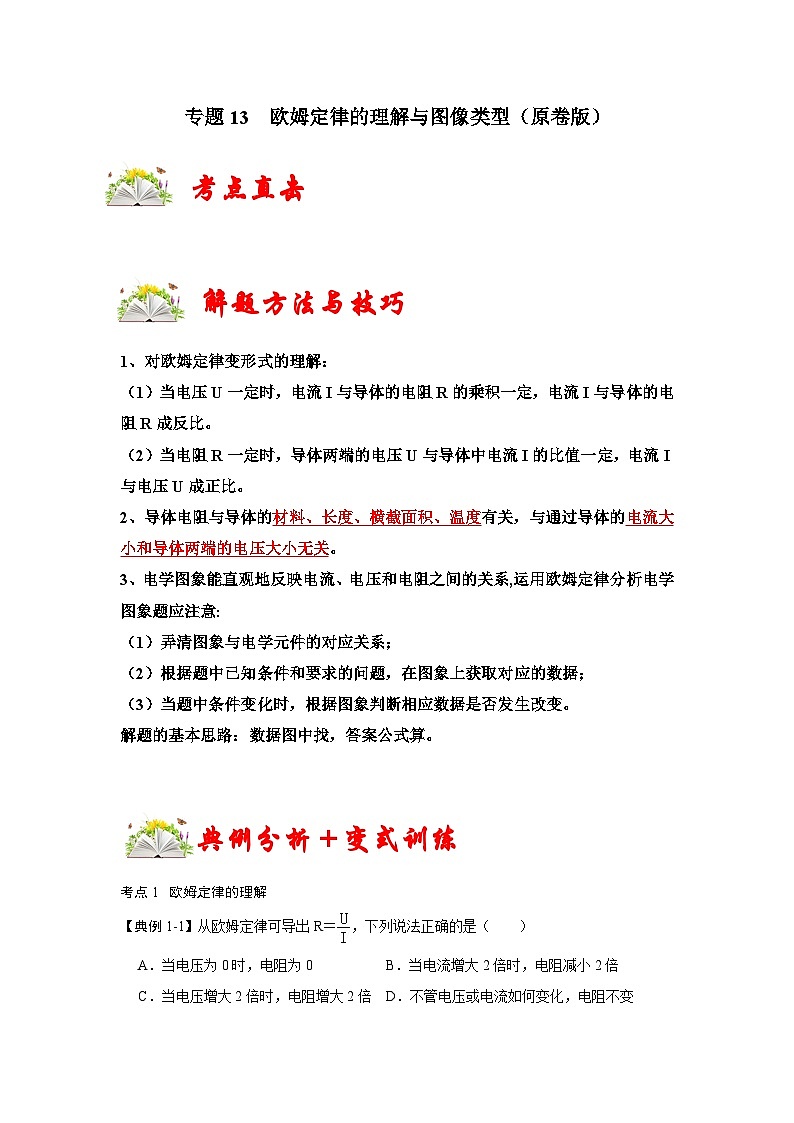 人教版九年级物理全一册同步考点专题训练专题13欧姆定律的理解与图像类型(原卷版+解析)01