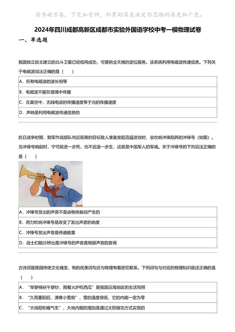 2024年四川成都高新区成都市实验外国语学校中考一模物理试卷01