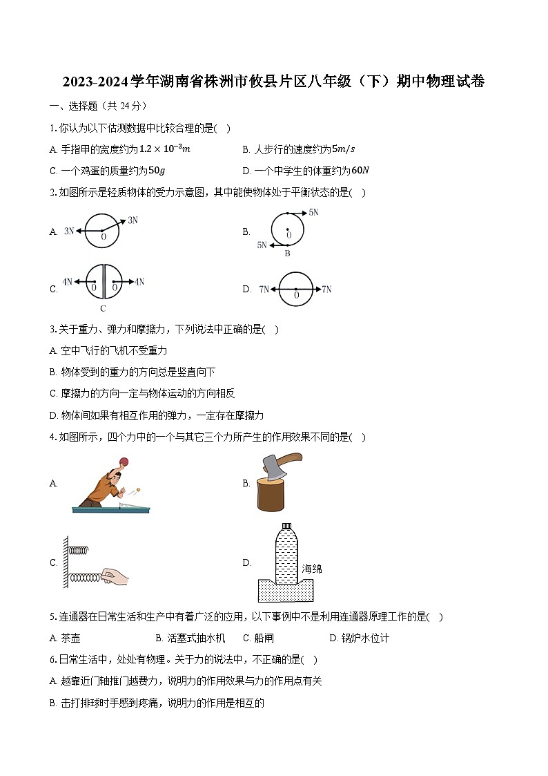 2023-2024学年湖南省株洲市攸县片区八年级（下）期中物理试卷（含解析）第1页