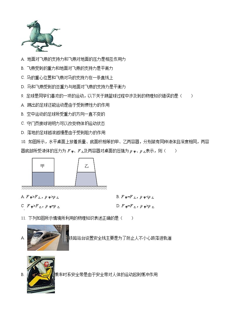 河南省郑州十一中2023-2024学年八年级下学期期中物理试卷（原卷版）第3页