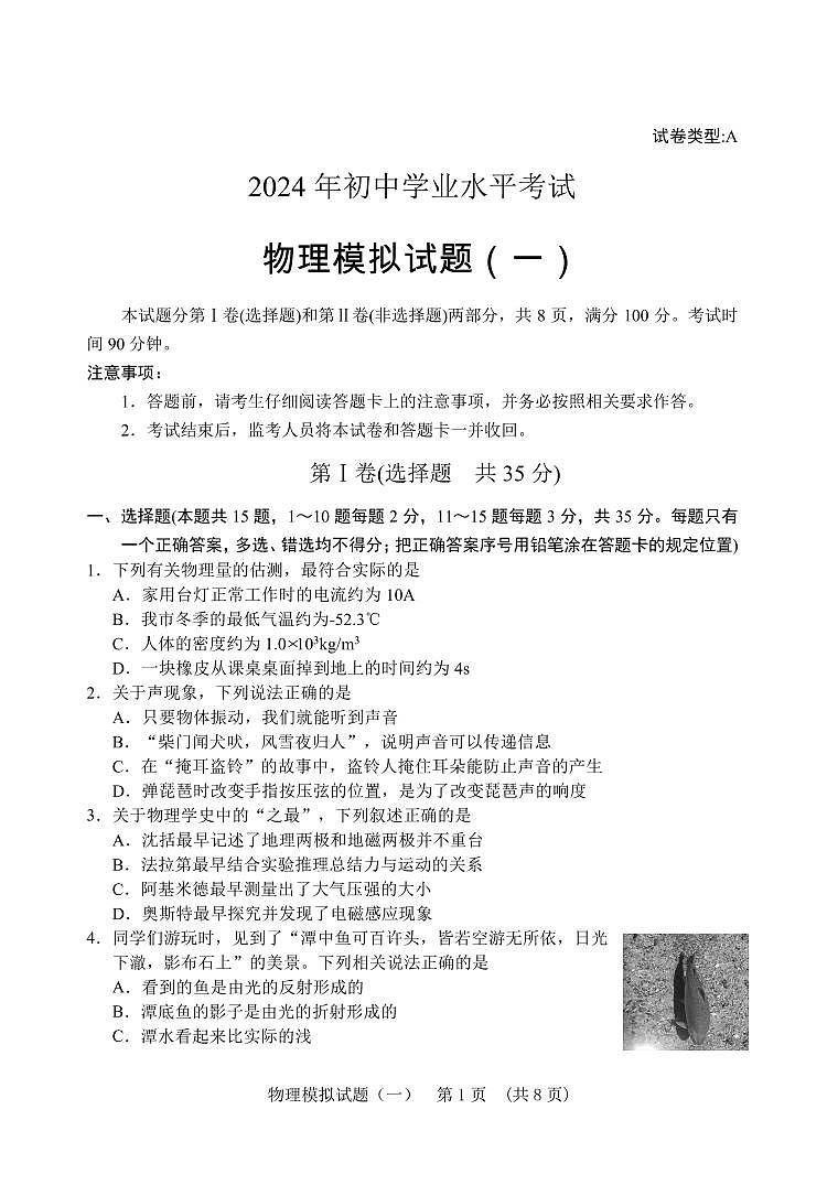 2024年山东省泰安市肥城市中考一模物理试题01