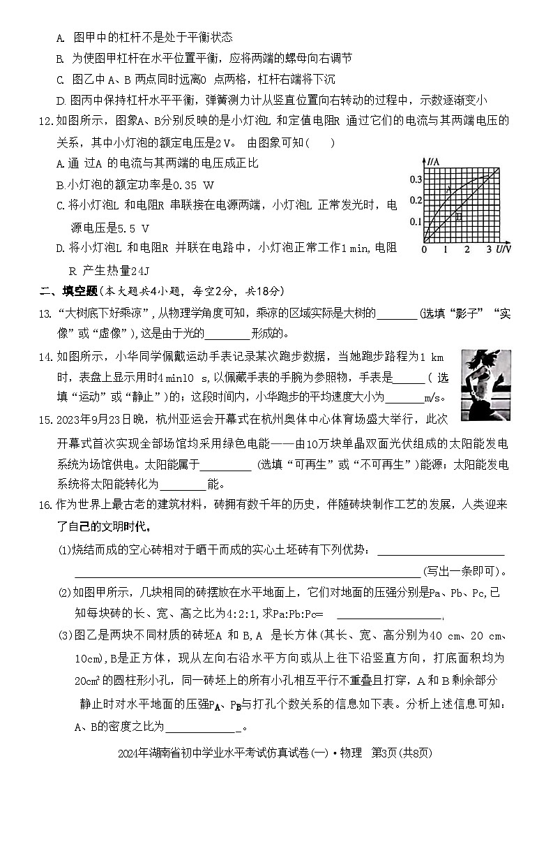 2024年湖南省初中学业水平考试仿真试卷(一)物理试题03