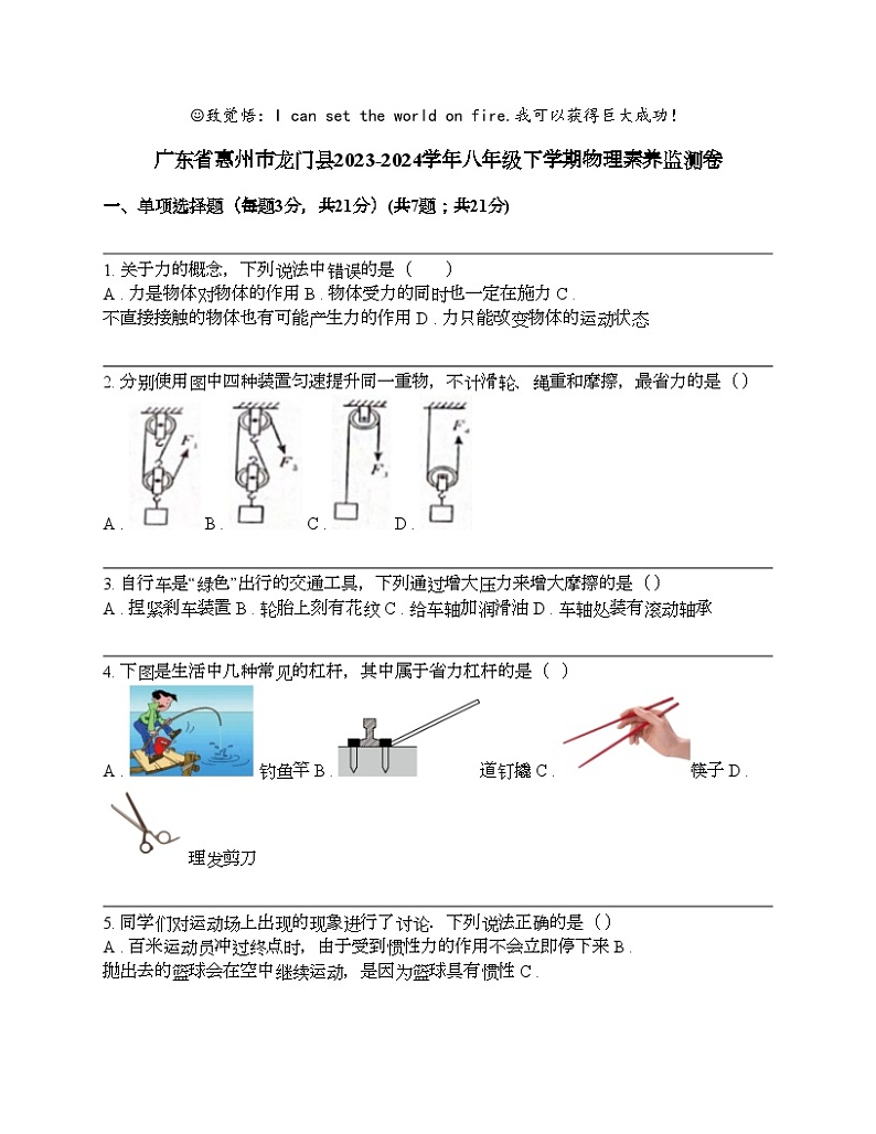 广东省惠州市龙门县2023-2024学年八年级下学期物理素养监测卷第1页