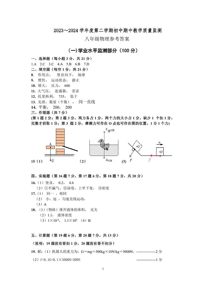 广东省佛山市南海区狮山镇2023-2024学年八年级下学期物理期中检测试卷01
