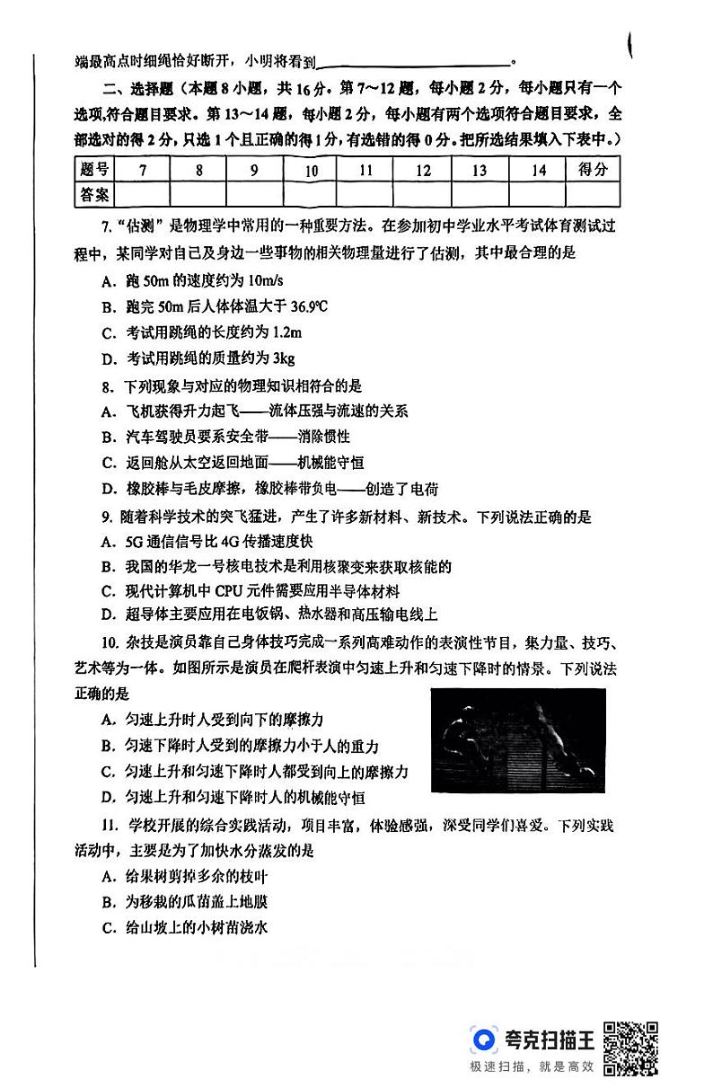2024年河南省南阳市卧龙区南阳市第十三中学校中考二模物理试题02