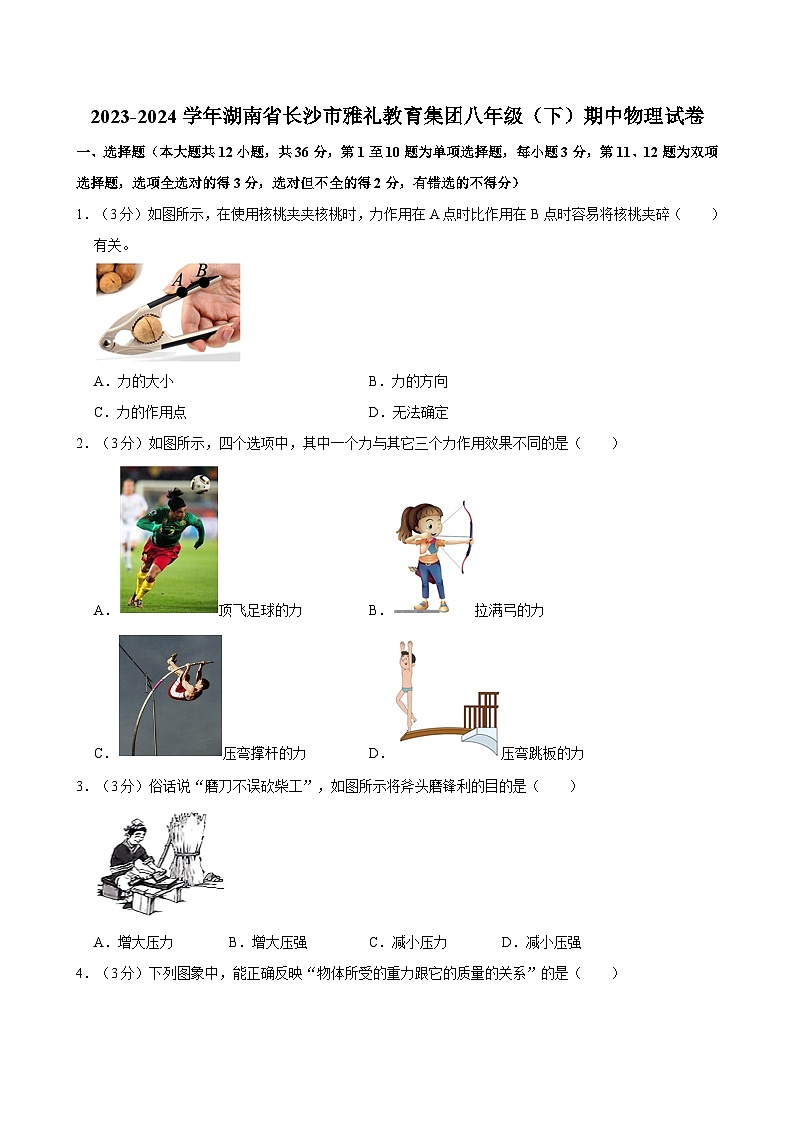 湖南省长沙市雅礼教育集团2023-2024学年八年级下学期期中物理试卷01