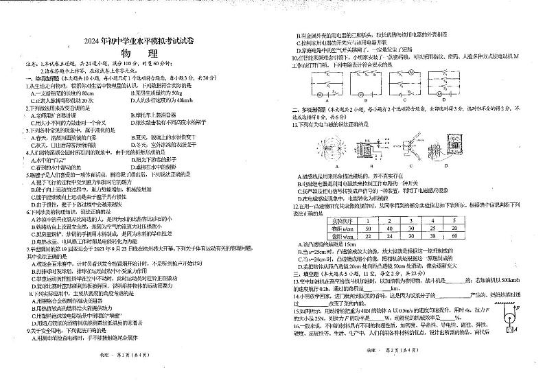 2024年湖南省长沙市湘江新区初中学业水平模拟考试物理试题第1页