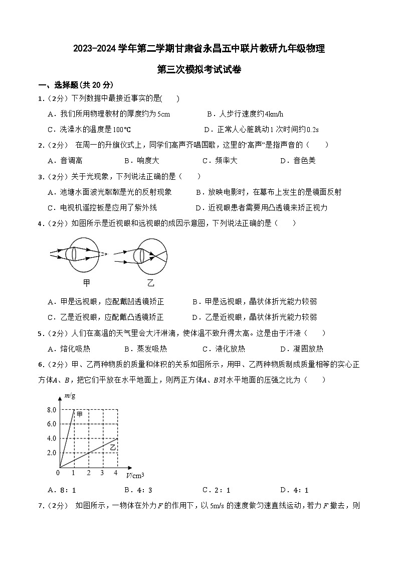 2024年甘肃省金昌市永昌县五中联片教研中考三模物理试题01