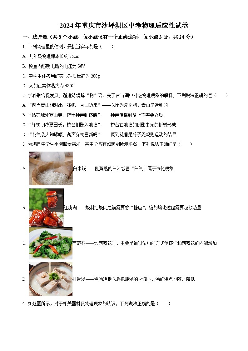 2024年重庆市沙坪坝区中考物理适应性试卷（原卷版+解析版）01