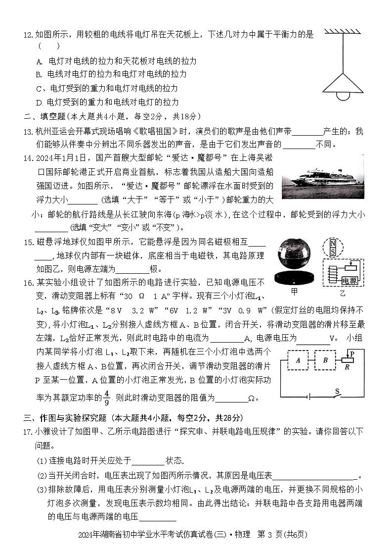 2024年湖南省初中学业水平考试仿真试卷(三)物理试题第3页