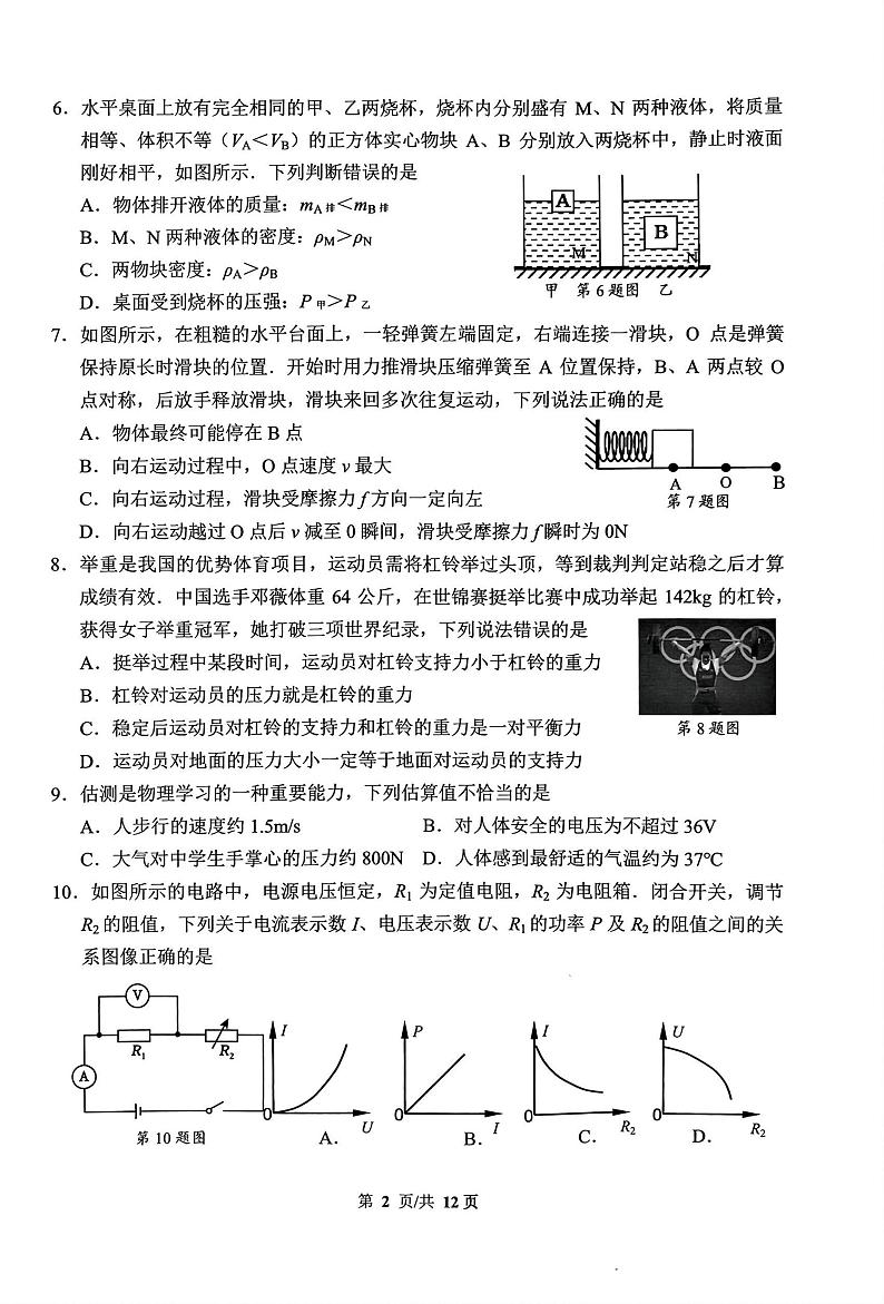 2024年江苏省启东市九年级中考二模物理.化学试题02