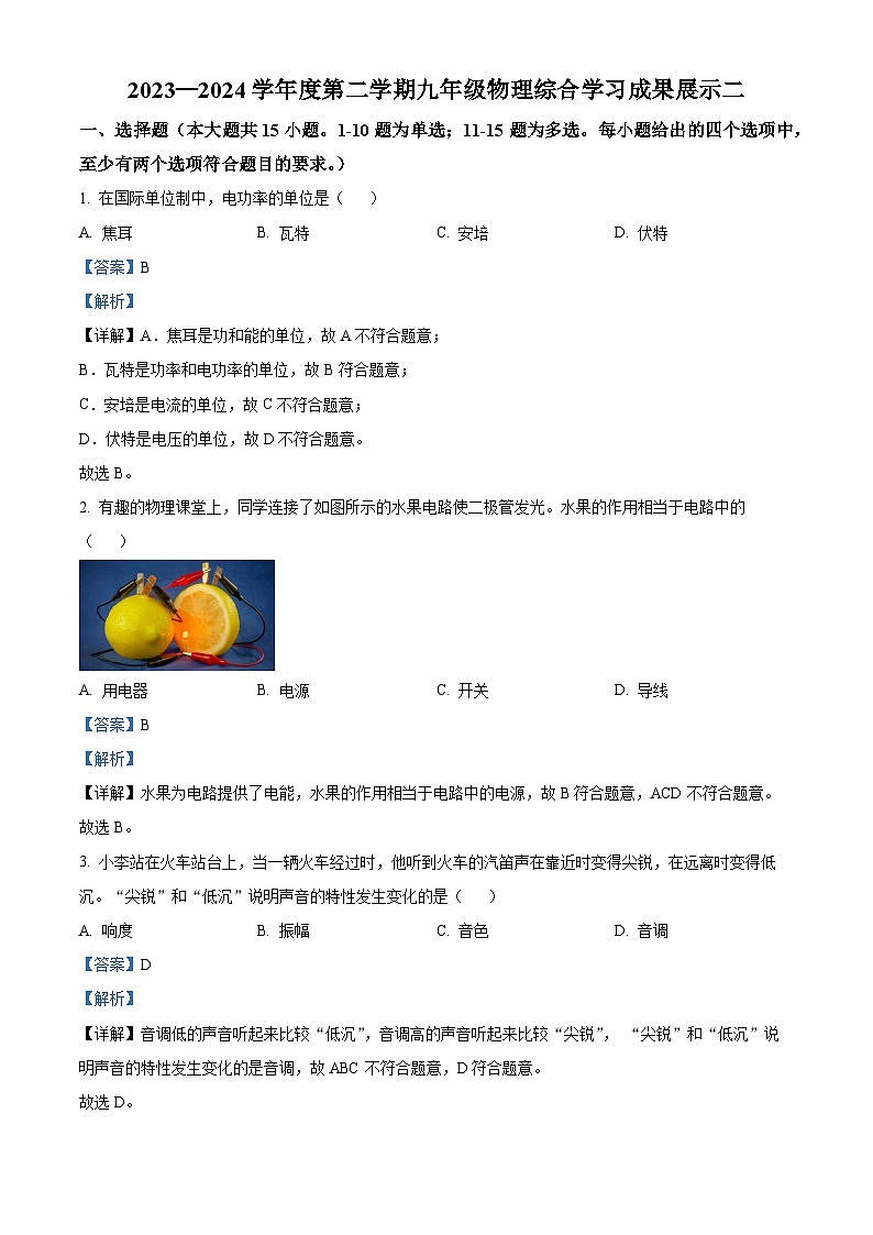 2024年山东省济南市中考物理模拟试题（二）（解析版）第1页