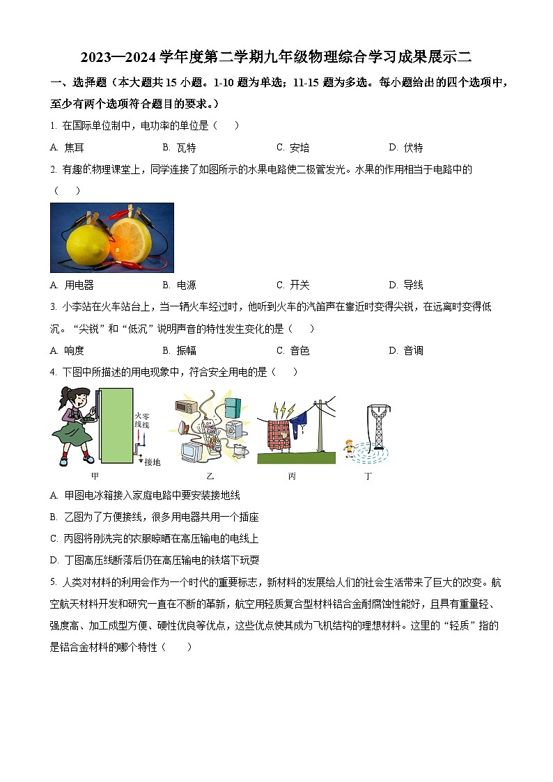 2024年山东省济南市中考物理模拟试题（二）（原卷版）第1页