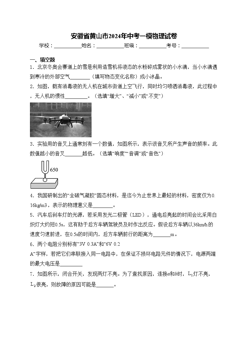 安徽省黄山市2024年中考一模物理试卷(含答案)第1页