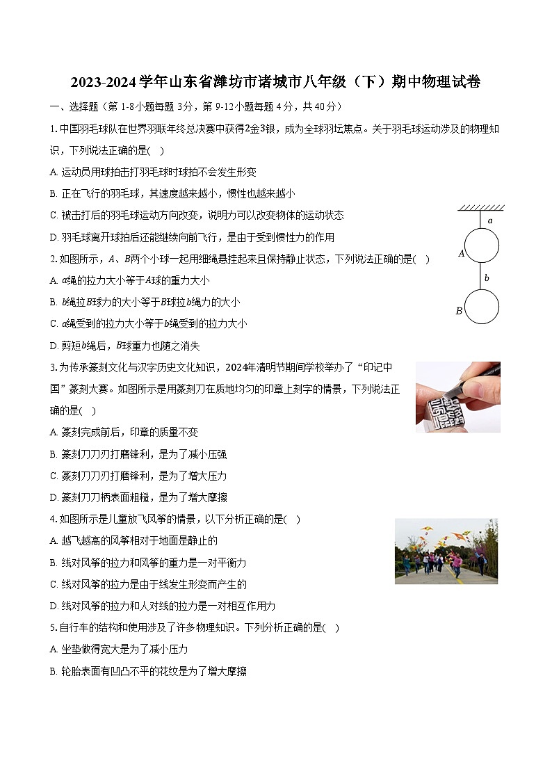 2023-2024学年山东省潍坊市诸城市八年级（下）期中物理试卷（含解析）01