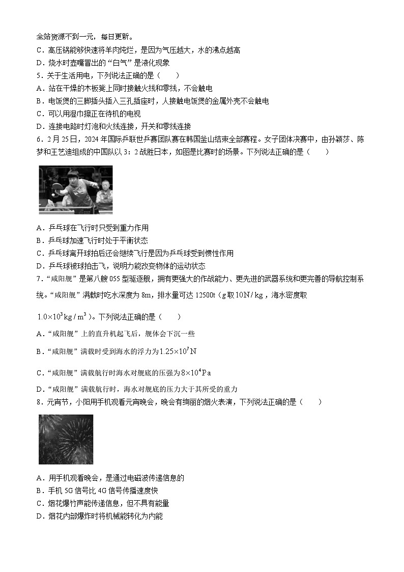 2024年陕西省宝鸡市陇县九年级下学期学业水平考试物理试卷02