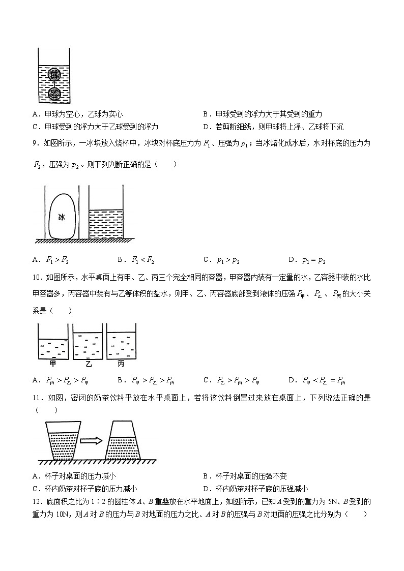 重庆南开中学2023-2024学年八年级下期中物理模拟试卷(无答案)03