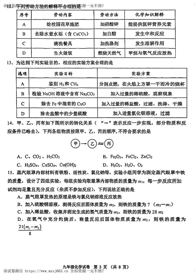 07，天津市河西区2024年中考一模考试物理化学试题03