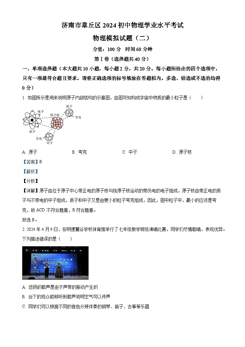 2024年山东省济南市章丘区中考二模物理试题01