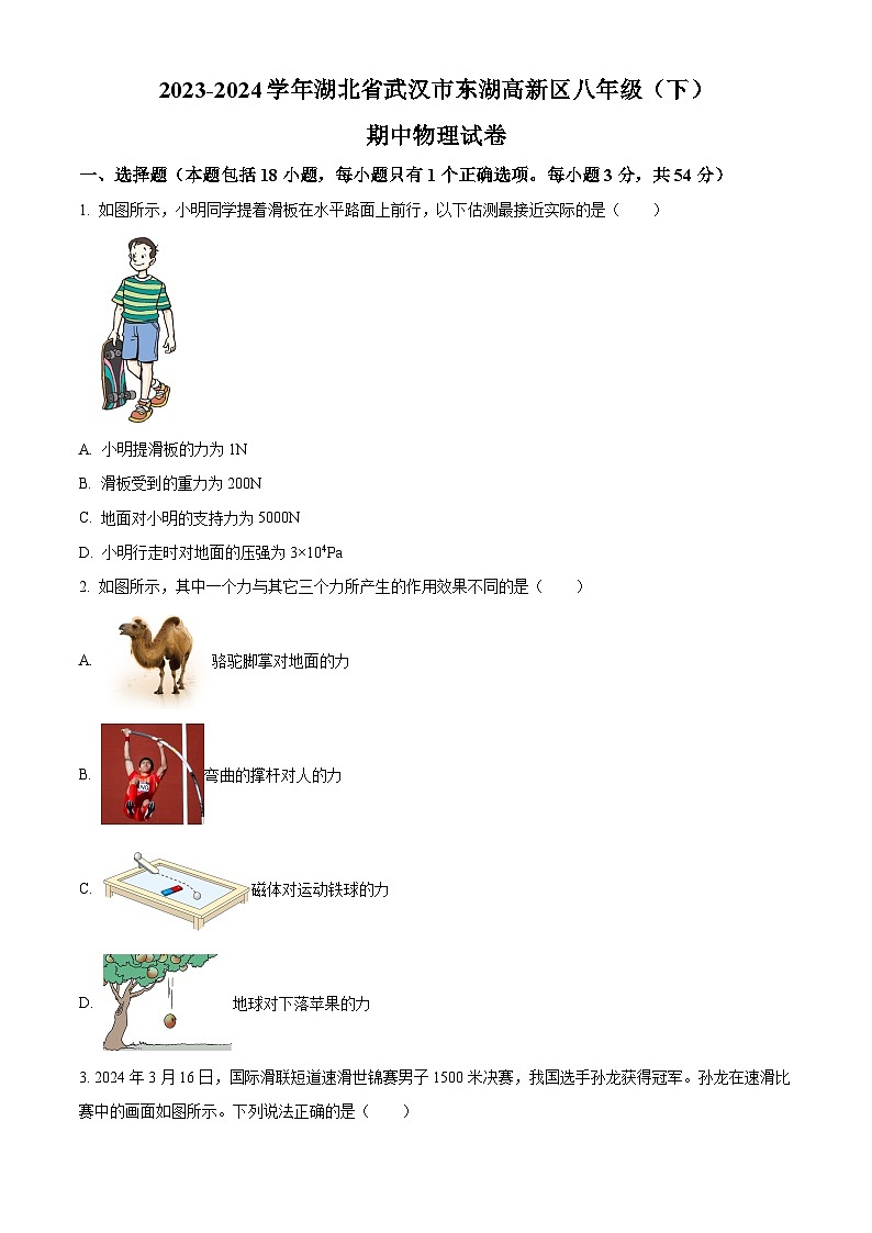 湖北省武汉市东湖高新区2023-2024学年八年级下学期期中物理试题（原卷版+解析版）01