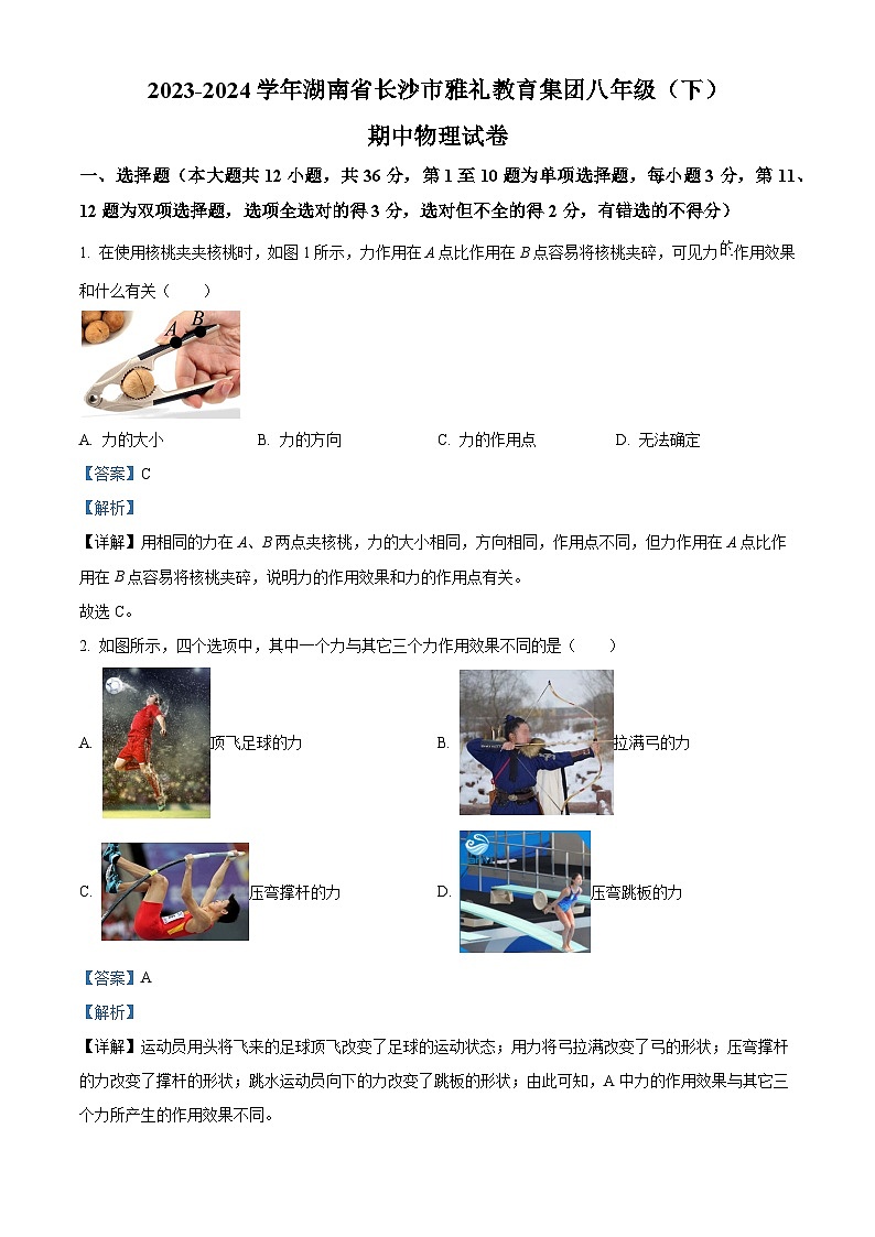 湖南省长沙市雅礼教育集团2023-2024学年八年级下学期期中物理试题（原卷版+解析版）01
