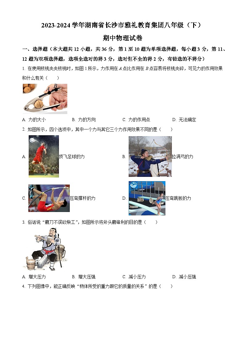 湖南省长沙市雅礼教育集团2023-2024学年八年级下学期期中物理试题（原卷版+解析版）01