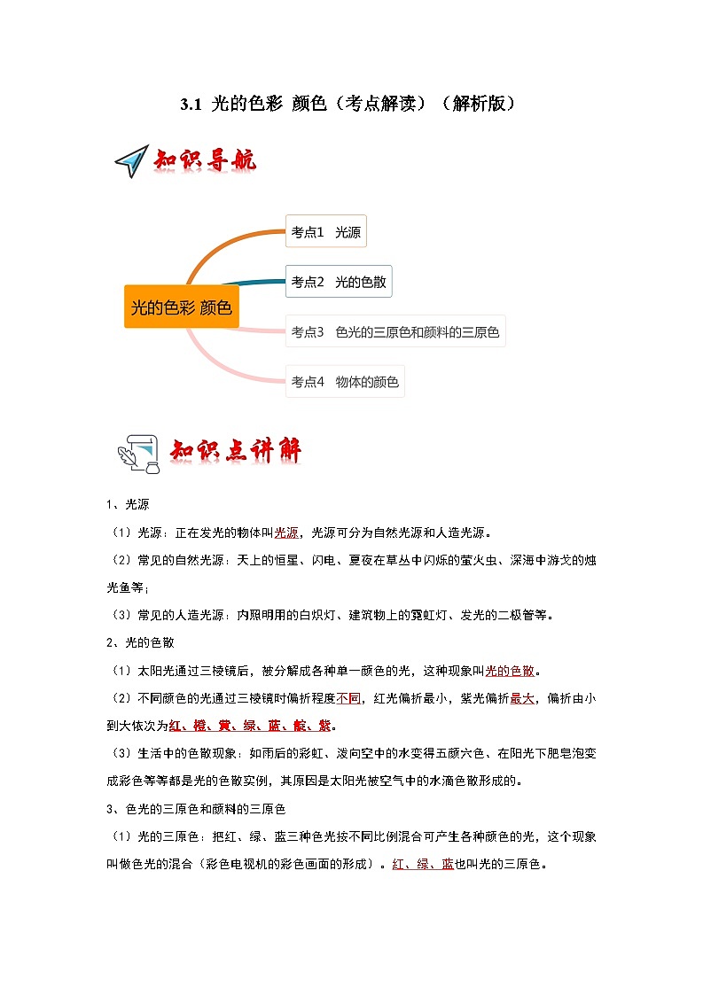 2024年苏科版物理八年级上册3.1 光的色彩 颜色（考点解读）（原卷版+解析版）01