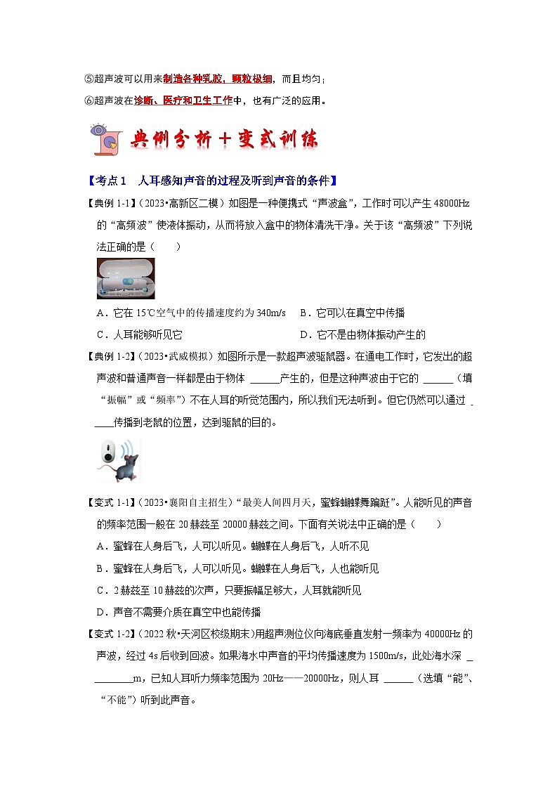 2024年苏科版物理八年级上册1.4 人耳听不到的声音（考点解读）（原卷版+解析版）02