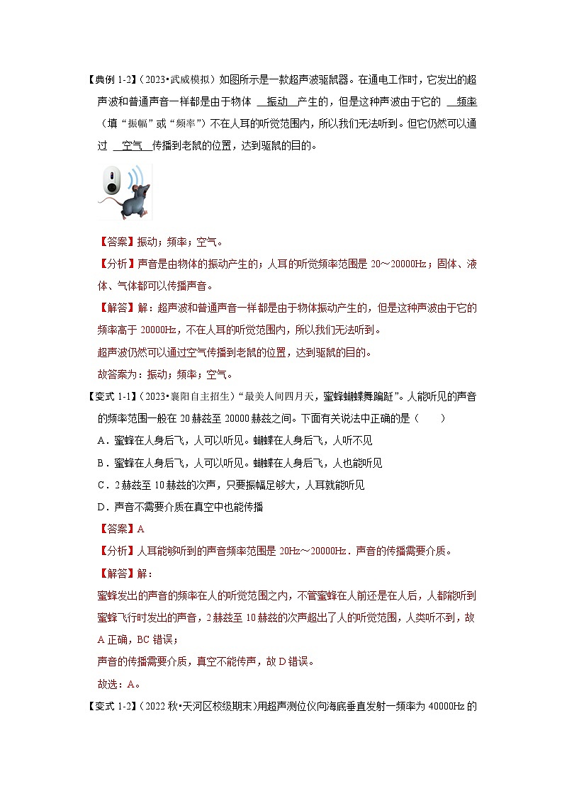2024年苏科版物理八年级上册1.4 人耳听不到的声音（考点解读）（原卷版+解析版）03