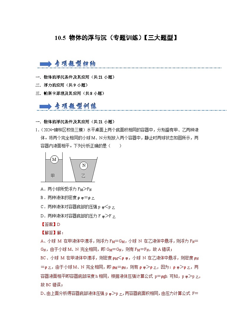 10.5 物体的浮与沉（专题训练）【三大题型】（解析版）第1页