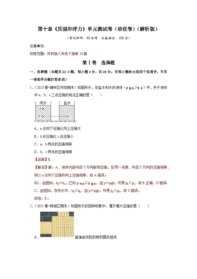 2024年苏科版物理八年级下册第10章《压强和浮力》单元测试卷（培优卷）（原卷版+解析版）01
