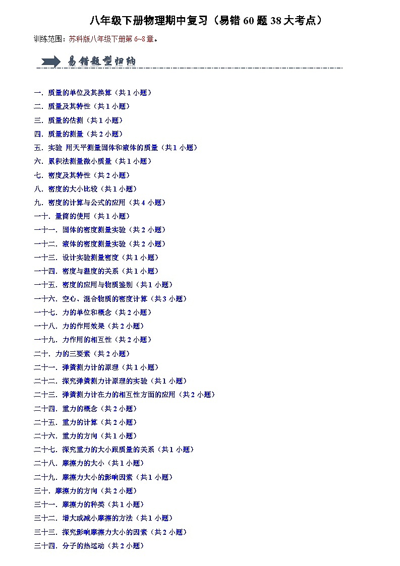 2024年苏科版物理八年级下册八年级下册物理期中复习（易错60题38大考点）（原卷版+解析版）01