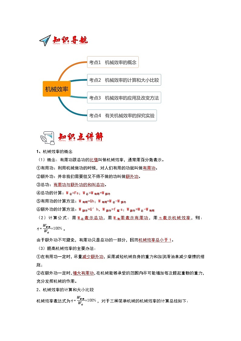 2024年苏科版物理九年级上册11.5 机械效率（考点解读）（原卷版+解析版）01