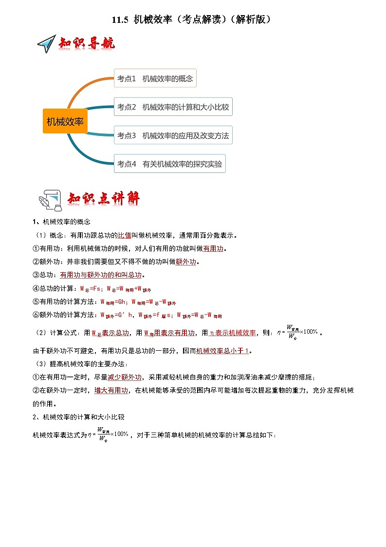 2024年苏科版物理九年级上册11.5 机械效率（考点解读）（原卷版+解析版）01