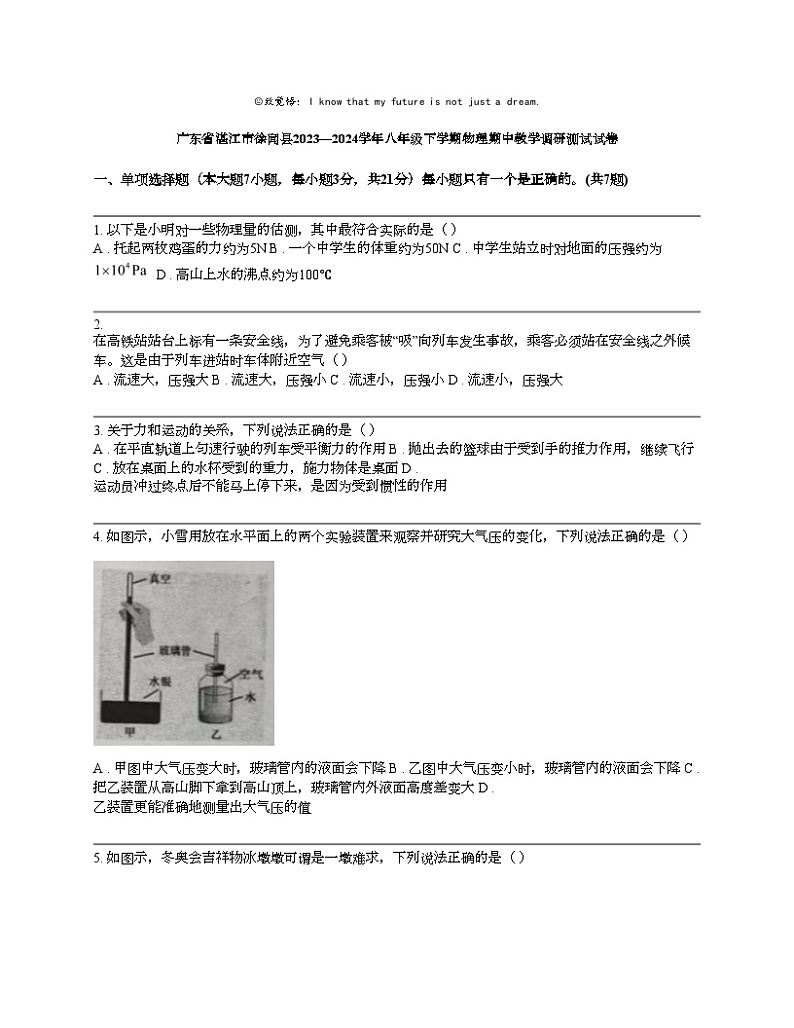 广东省湛江市徐闻县2023—2024学年八年级下学期物理期中教学调研测试试卷第1页