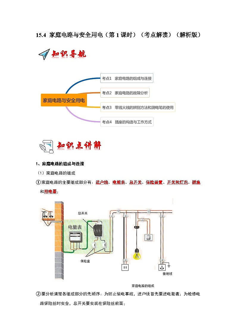 15.4 家庭电路与安全用电（第1课时）（考点解读）（原卷版+解析版）01
