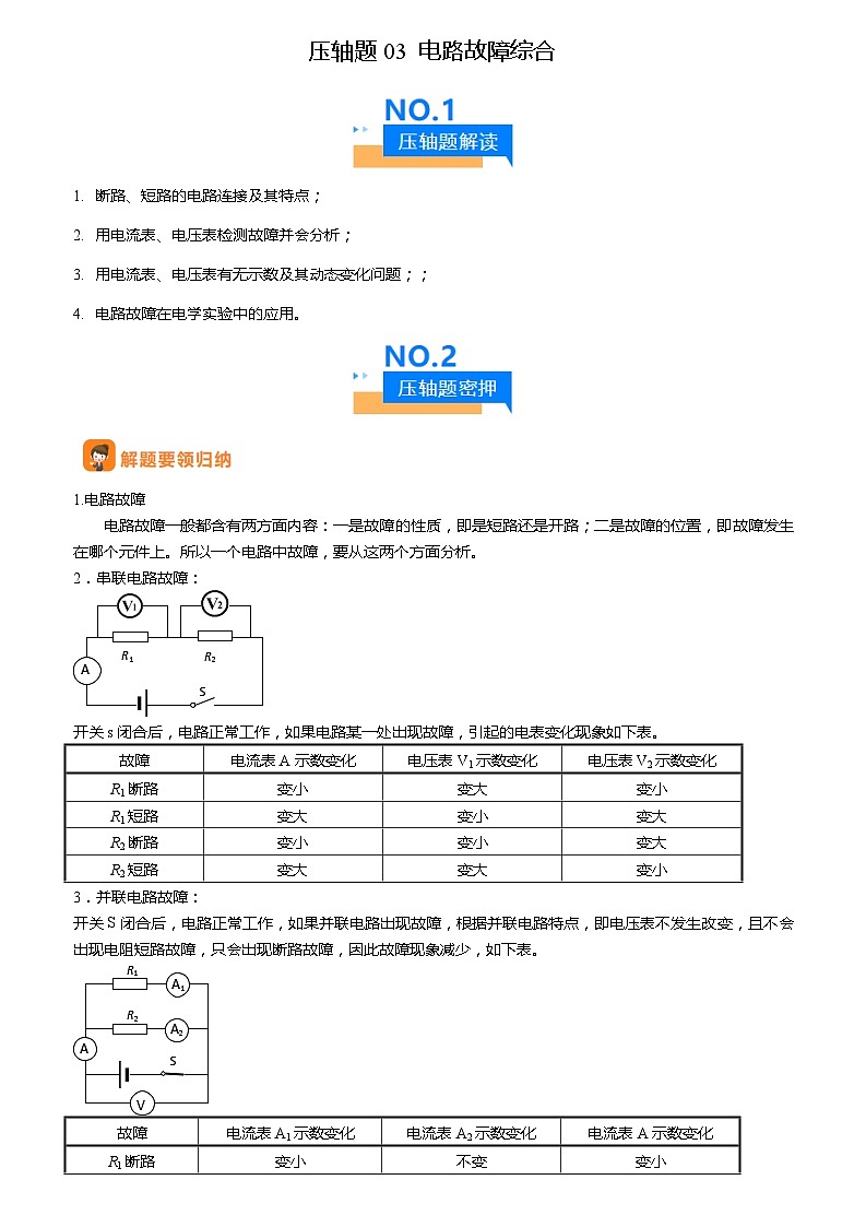 2024年中考物理冲刺（全国通用）压轴题03 电路故障综合（原卷版+解析版）01