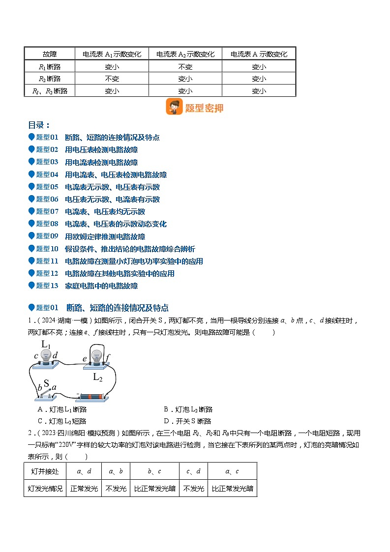 2024年中考物理冲刺（全国通用）压轴题03 电路故障综合（原卷版+解析版）02