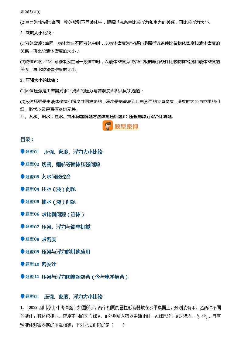 2024年中考物理冲刺（全国通用）压轴题08 压强与浮力选填题（原卷版+解析版）02