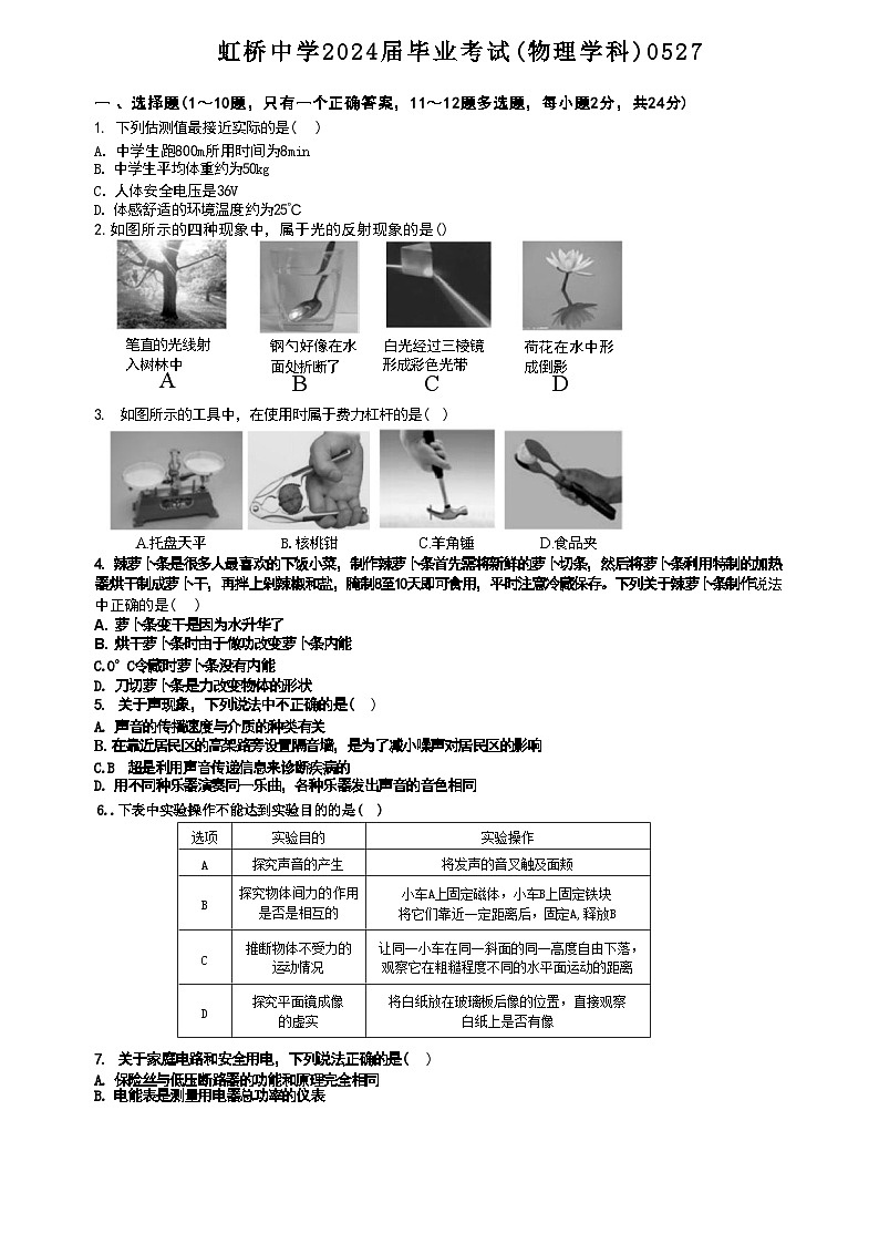 2024年黑龙江省哈尔滨市虹桥初级中学校中考（三模）物理试卷第1页