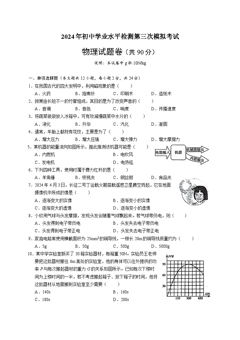 2024年新疆初中学业水平检测第三次模拟考试+物理试题卷第1页