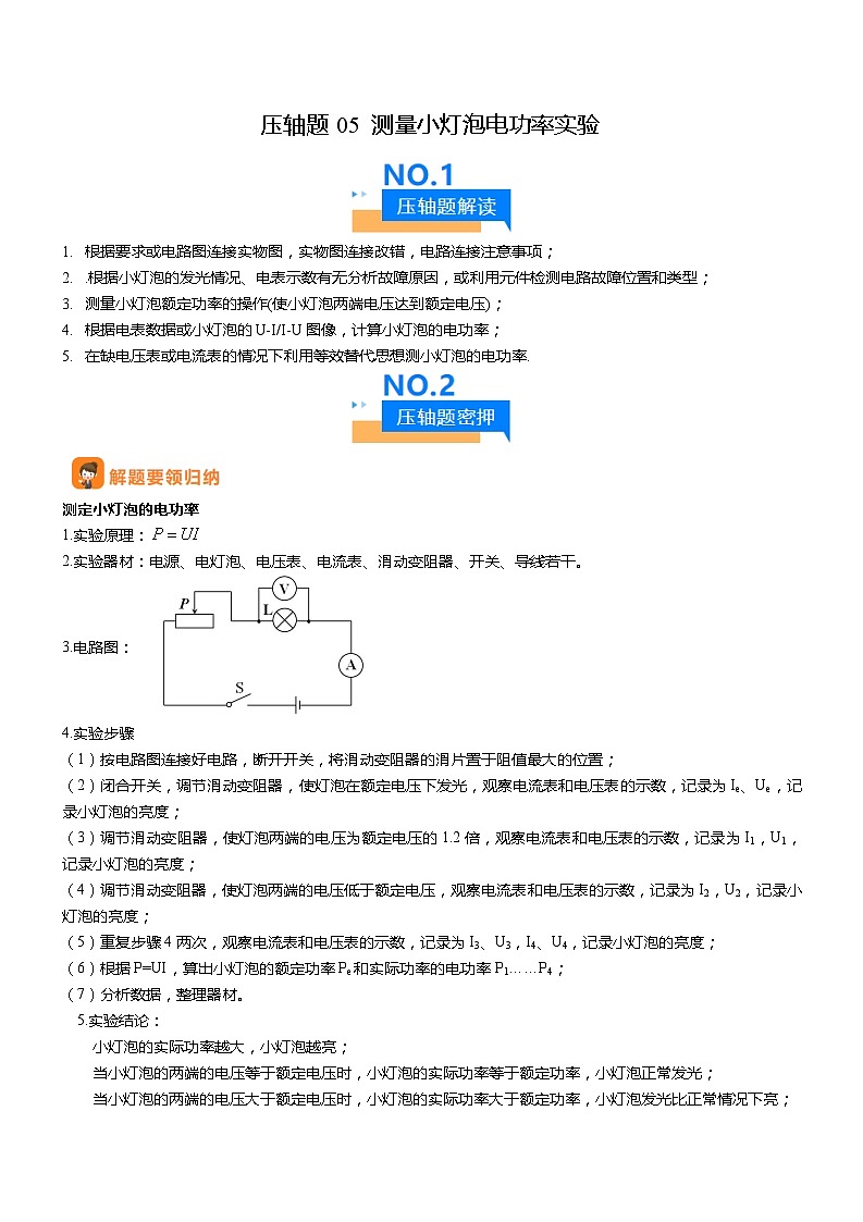 压轴题05 测量小灯泡电功率实验（原卷版）第1页