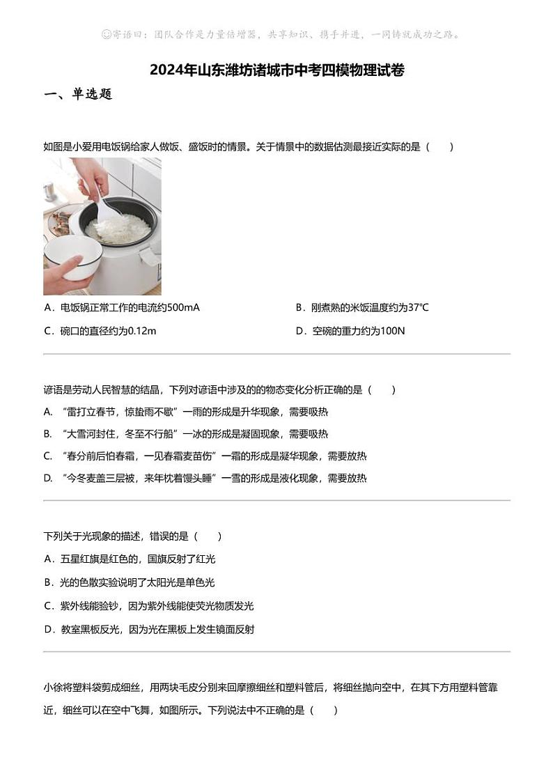 2024年山东潍坊诸城市中考四模物理试卷01