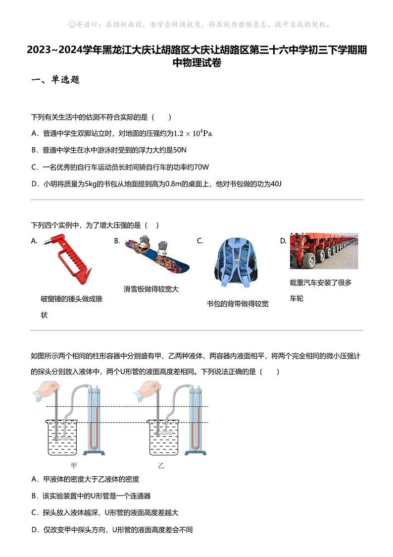 2023_2024学年黑龙江大庆让胡路区大庆让胡路区第三十六中学初三下学期期中物理试卷01