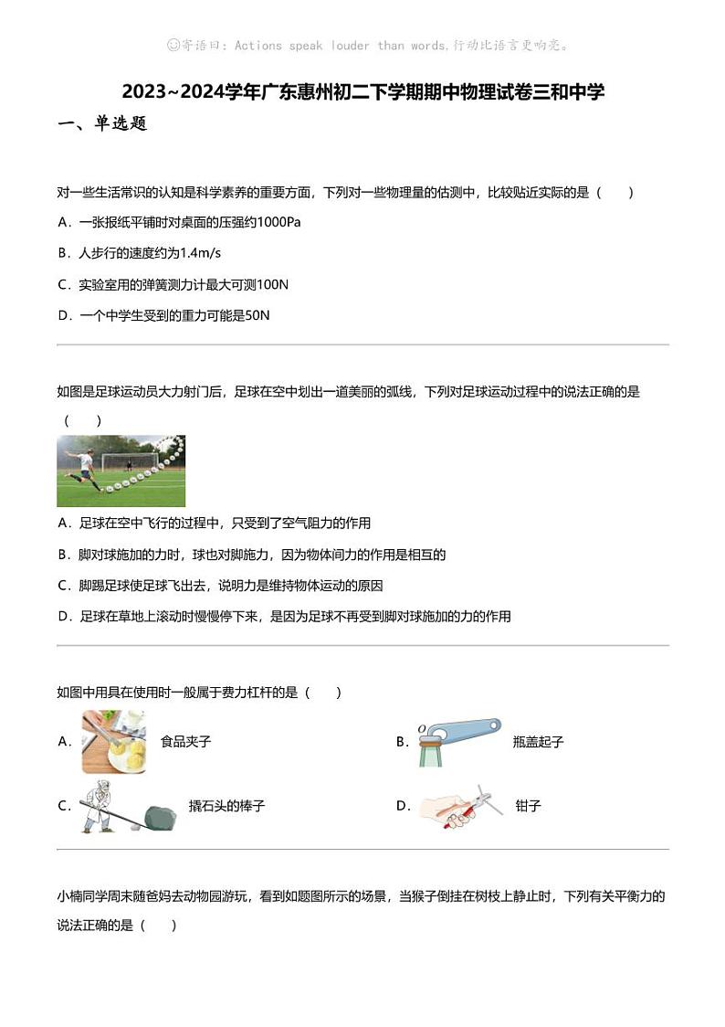 2023_2024学年广东惠州初二下学期期中物理试卷三和中学第1页