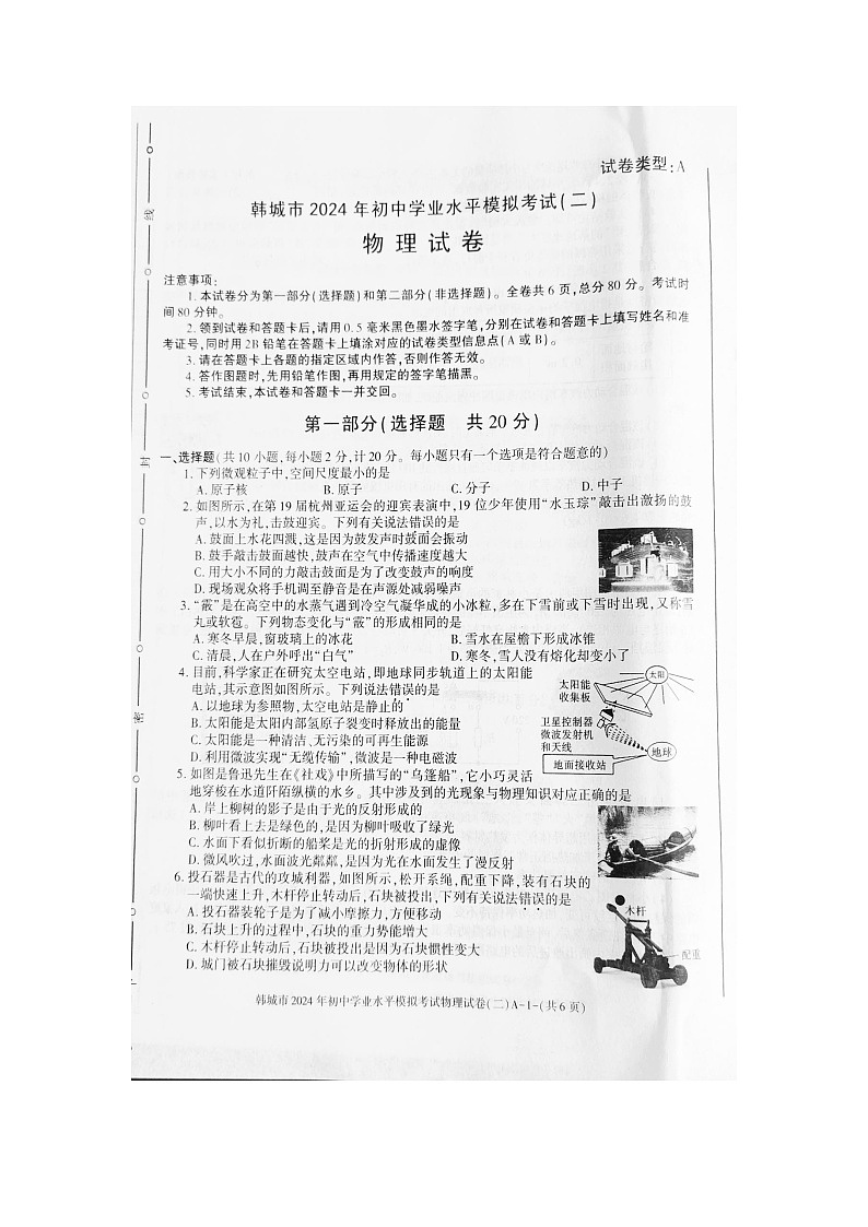 2024年陕西省渭南市韩城市中考二模物理试题01