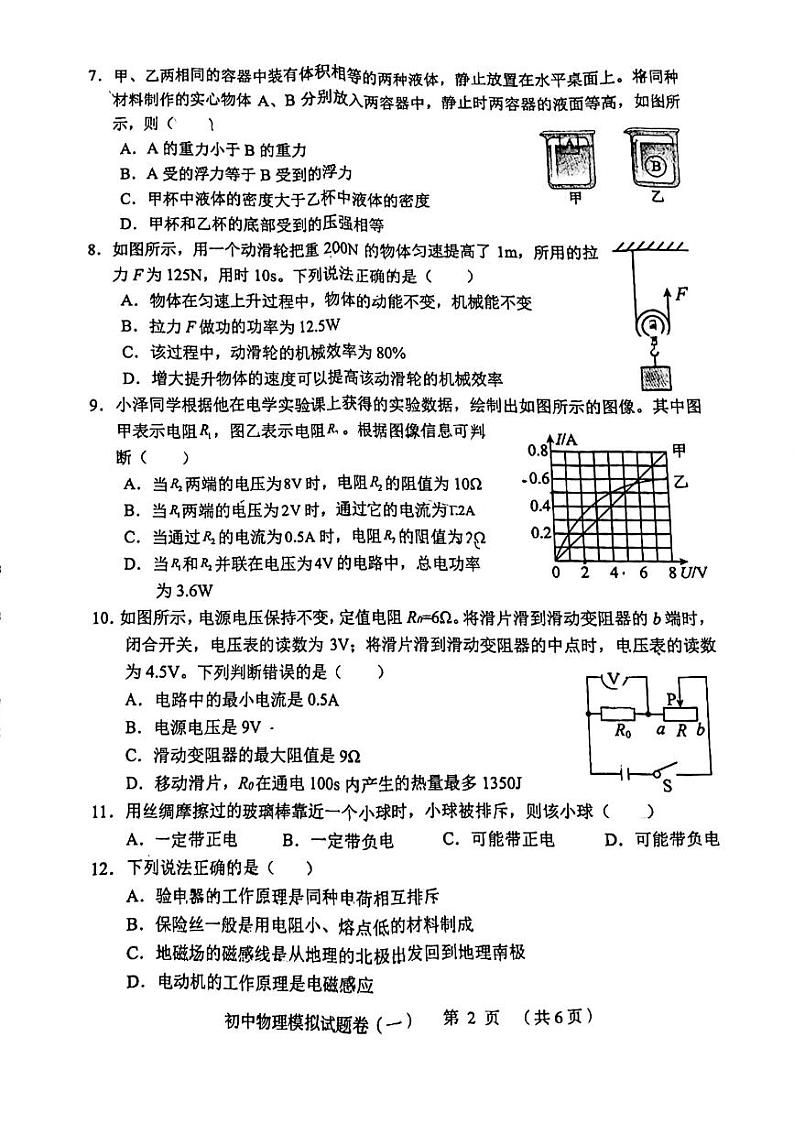2024年湖南省永州市冷水滩区李达中学中考模拟考试物理试卷第2页