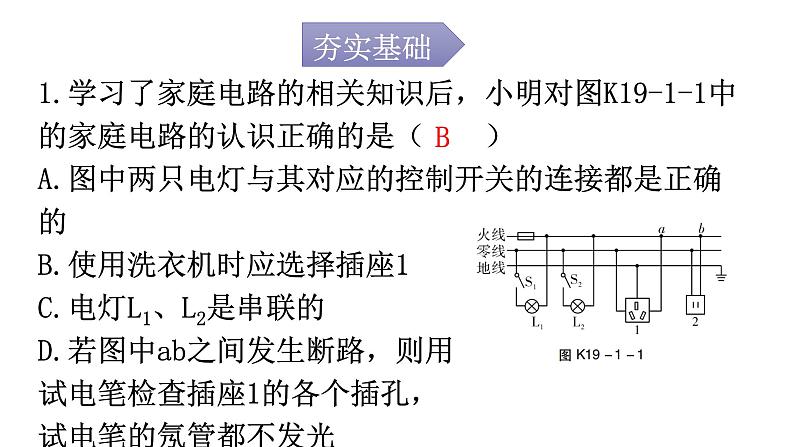 人教版九年级物理第十九章生活用电第一节家庭电路分层作业课件第2页