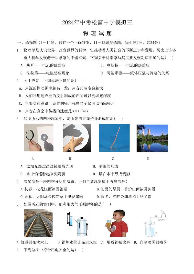 2024年黑龙江省哈尔滨市松雷中学中考（三模）物理试卷第1页