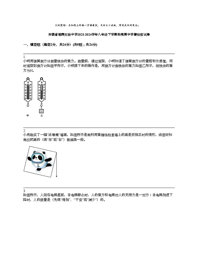 安徽省淮南实验中学2023-2024学年八年级下学期物理期中学情检测试卷01